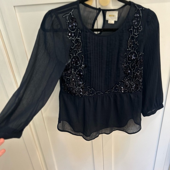 Maeve Anthropologie Midnight Blue Embellished Blouse! Stunning! Size 0 - Picture 4 of 5